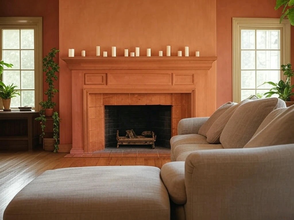 Salon en terracotta avec canapé beige