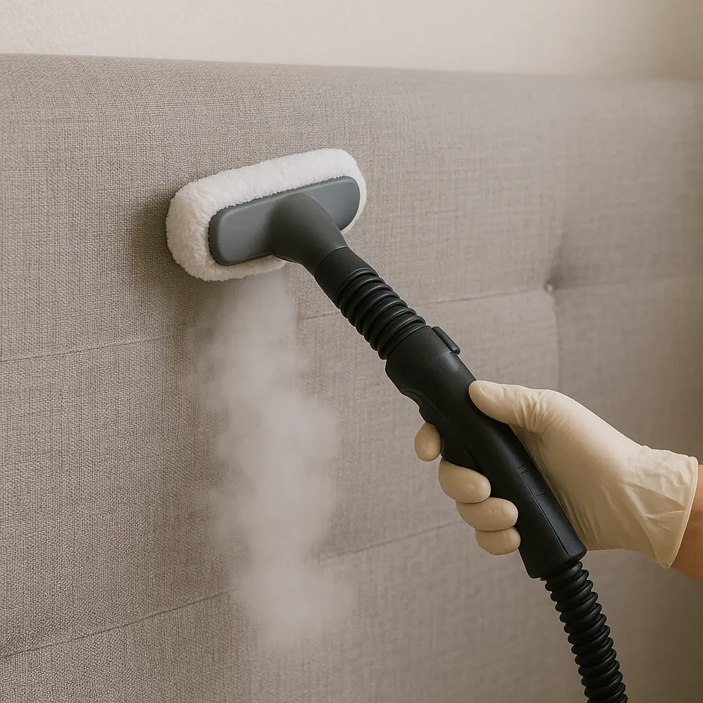 Nettoyage vapeur d'une tête de lit en tissu