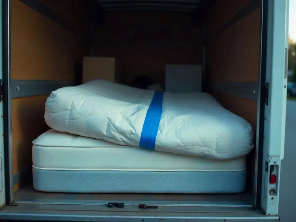 Un matelas partiellement recouvert d'une couverture de déménagement, fixé avec du ruban adhésif bleu, à l'intérieur d'un camion de déménagement encombré.