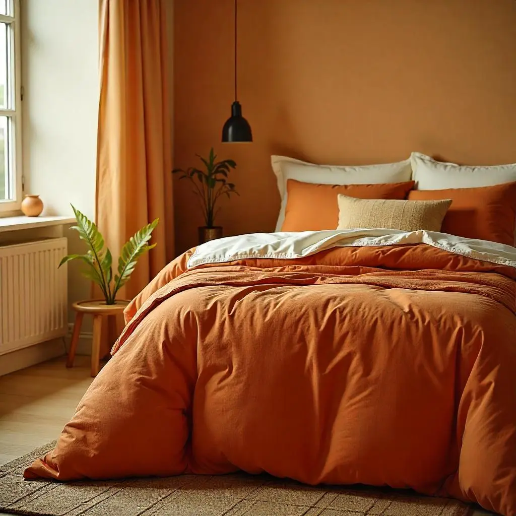 Une parure terracotta pleine de chaleur et de style. Couleurs enveloppantes, matières naturelles et plantes vertes pour une chambre à l’ambiance vivante et cosy.