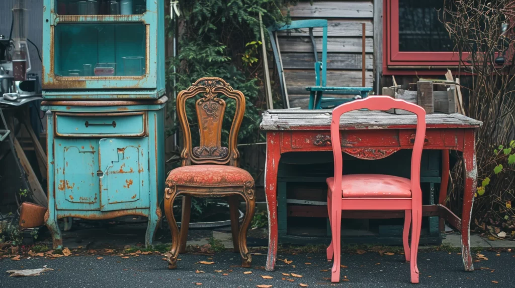 Des meubles anciens et retros vendus à une vente de cour