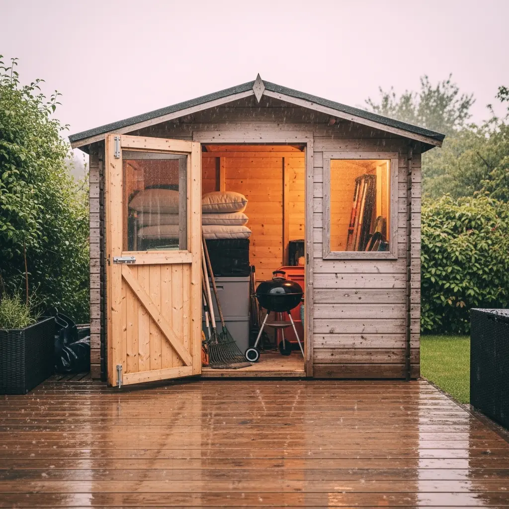 "Petit abri de jardin en bois attenant à une terrasse, sous une pluie fine d’été, porte entrouverte laissant entrevoir des coussins, outils et un barbecue soigneusement rangés à l’intérieur. Sol légèrement mouillé, ambiance calme et protégée