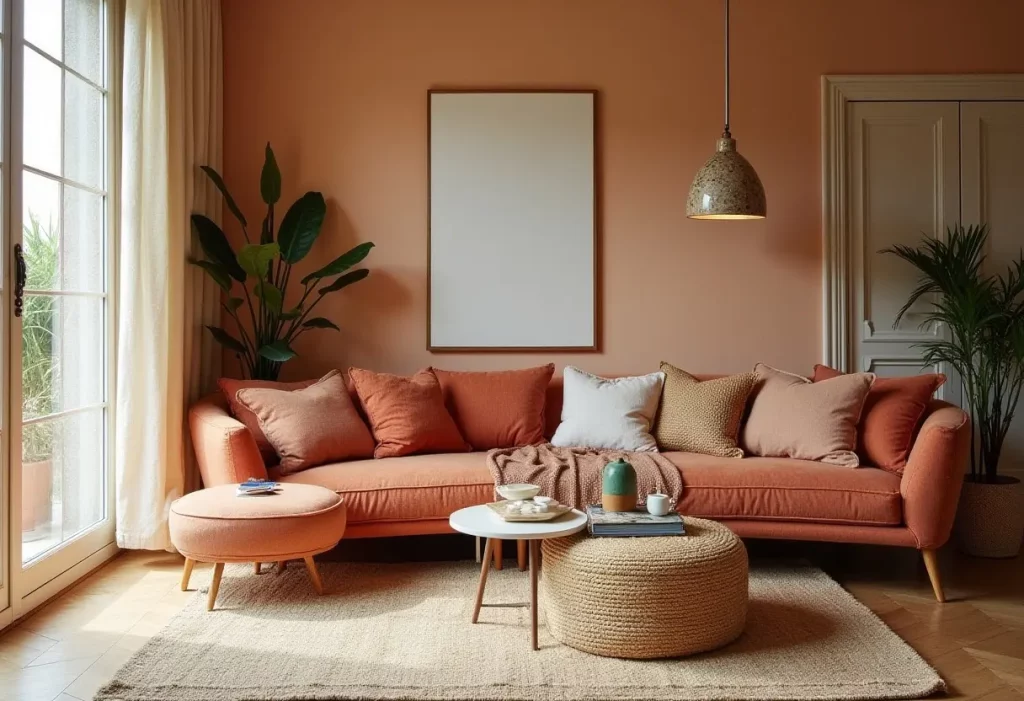 Salon chaleureux aux tons terracotta avec canapé moelleux, coussins assortis, tapis en fibres naturelles et plantes vertes pour une ambiance cosy et estivale.