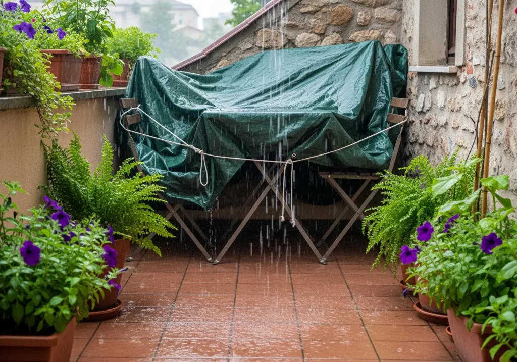 Petite terrasse avec mobilier plié sous une bâche ou dans un coin sec pendant une pluie d’été, plantes autour, ambiance douce et réaliste