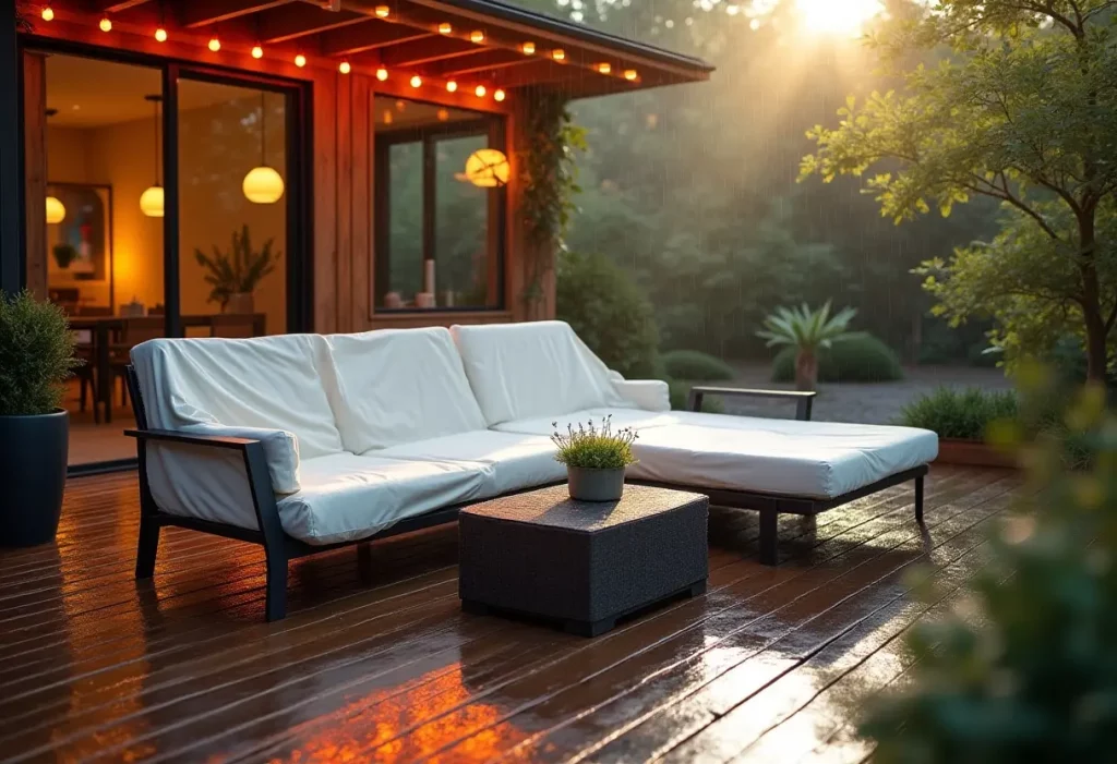 Salon de jardin moderne couvert par une housse imperméable bien ajustée, sur une terrasse en bois mouillée, temps nuageux