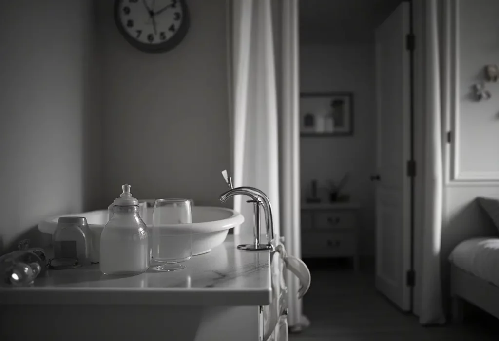 Plan serré d’une salle de bain apaisante, avec une petite bassine blanche, un biberon, un verre d’eau et un robinet sur un meuble en marbre, dans une ambiance tamisée et calme.