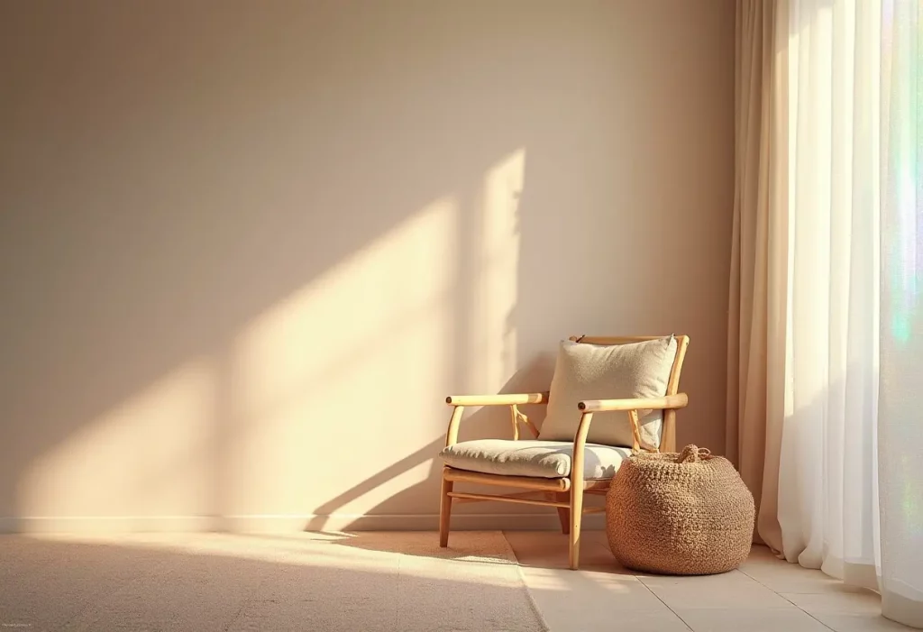 Coin détente estival avec fauteuil en bois clair baigné de lumière naturelle.