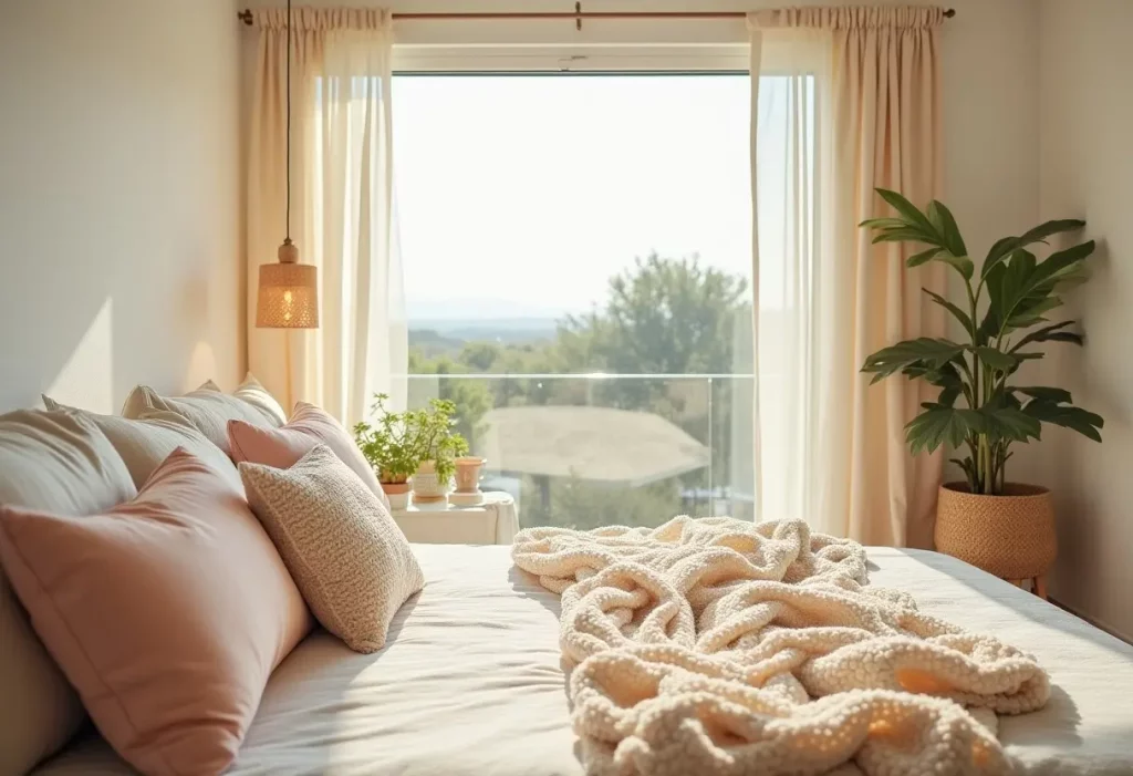 Chambre d'été lumineuse avec coussins pastel, plaids texturés et vue sur la nature.