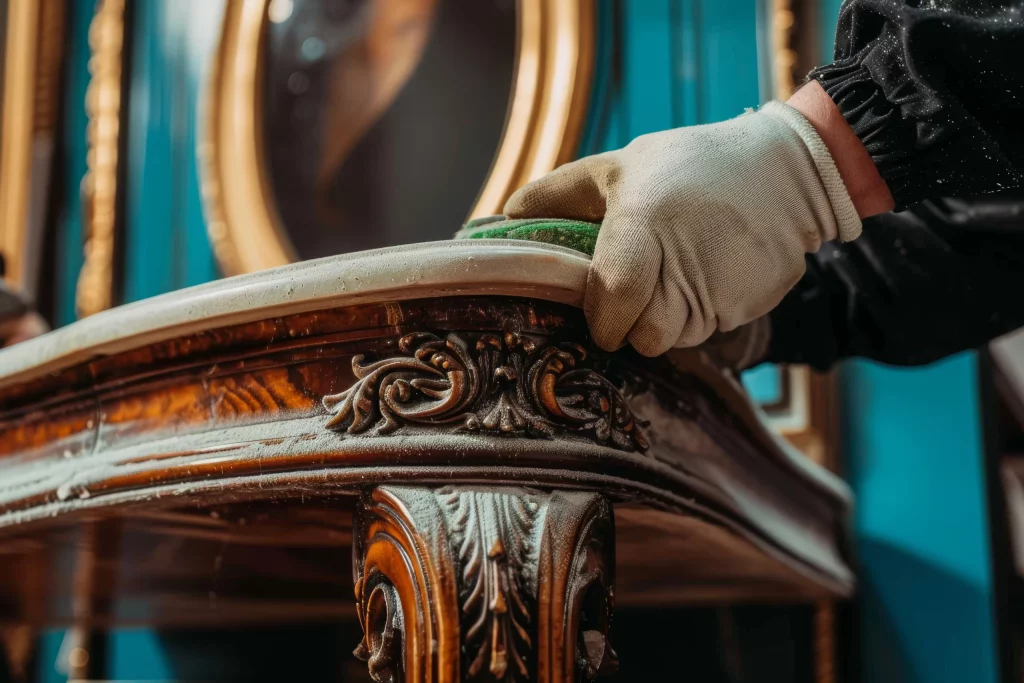 un charpentier polissant une table restaurée