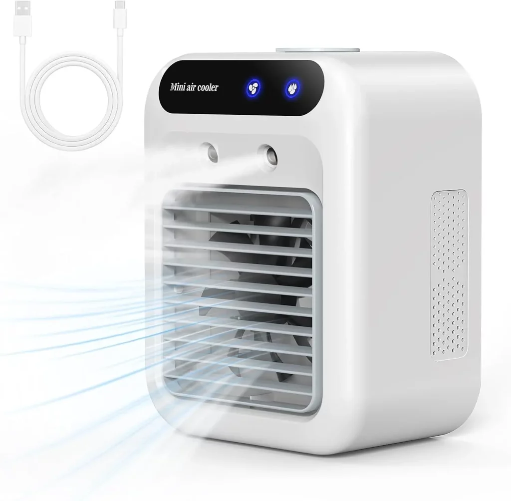 Mini rafraîchisseur d’air portable 500 ml : silencieux, 2 vitesses, 2 modes de brumisation. Idéal pour chambre ou bureau. Classe A+++.