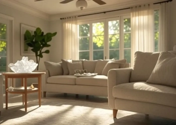 Salon lumineux en été avec rideaux légers et fenêtres ouvertes laissant entrer la brise naturelle, illustrant des astuces naturelles pour rafraîchir son intérieur.