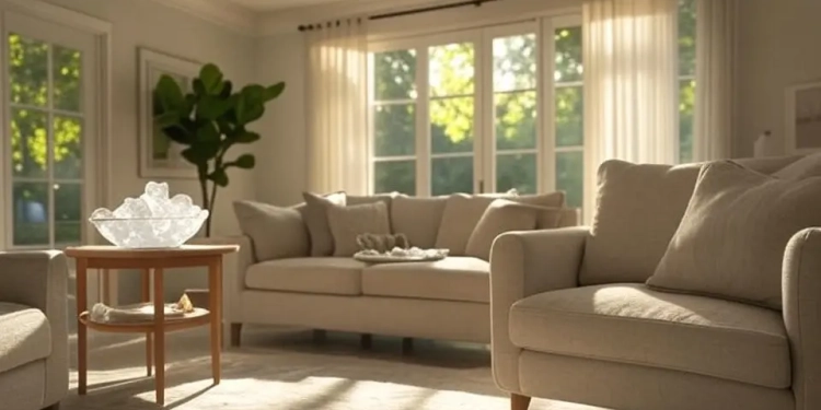 Salon lumineux en été avec rideaux légers et fenêtres ouvertes laissant entrer la brise naturelle, illustrant des astuces naturelles pour rafraîchir son intérieur.