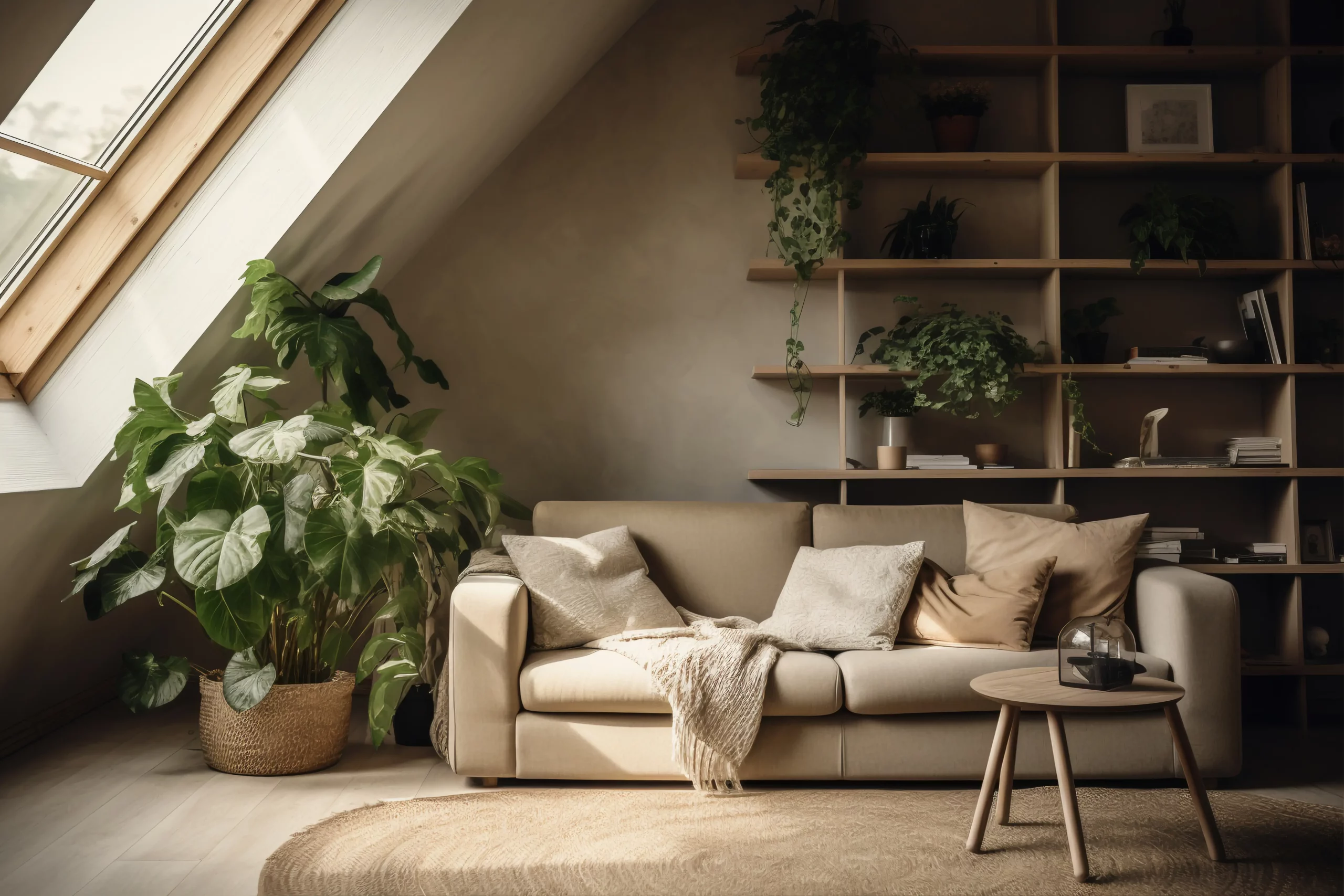Salon cosy sous les combles avec canapé beige, coussins clairs, plantes vertes et lumière naturelle zénithale