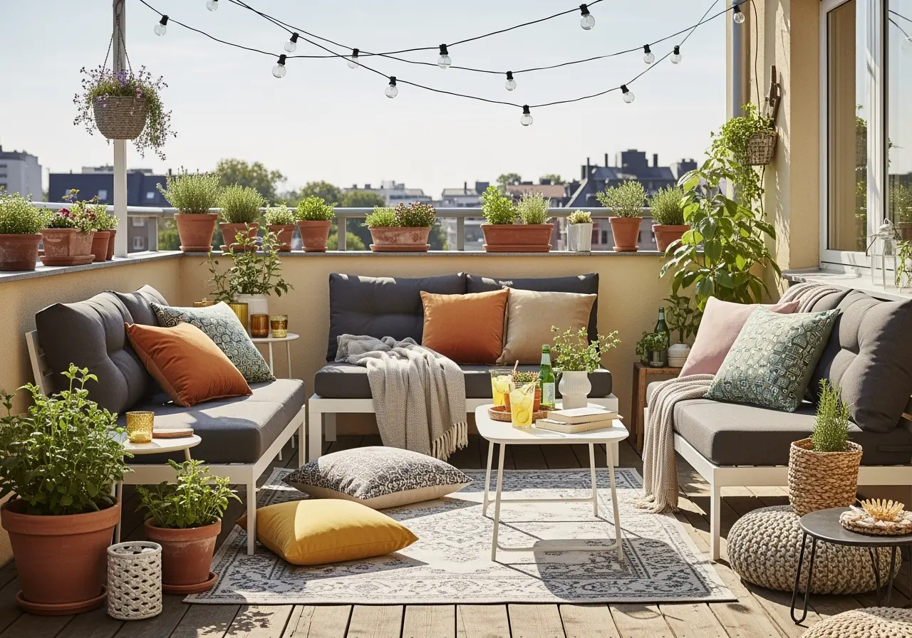 Terrasse chaleureuse et végétalisée avec canapés, coussins colorés, plantes en pots et guirlande lumineuse. Demander à ChatGPT