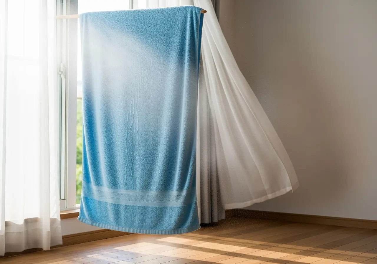 Serviette humide bleue placée devant une fenêtre entrouverte dans une chambre