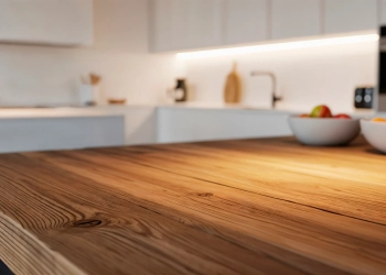 Intérieur de la cuisine avec table en bois et bols a fruits