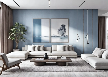 Salon moderne et épuré avec canapé beige, mur bleu pastel, grande baie vitrée et décoration minimaliste