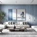 Salon moderne et épuré avec canapé beige, mur bleu pastel, grande baie vitrée et décoration minimaliste