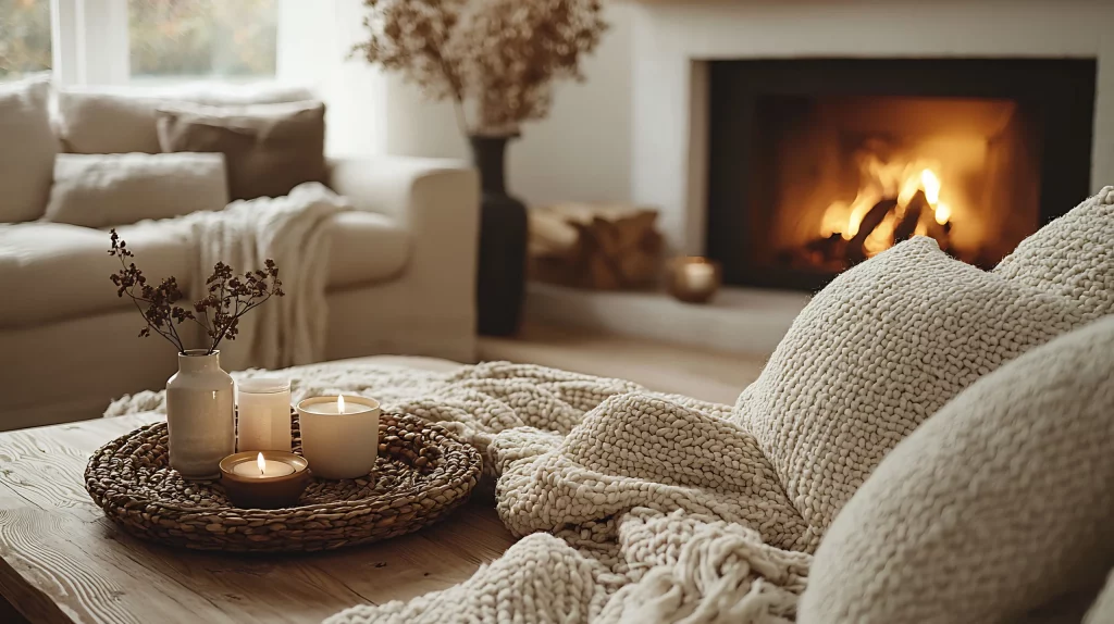 Ambiance cocooning dans un salon scandinave avec plaid en maille, bougies allumées et feu de cheminée.