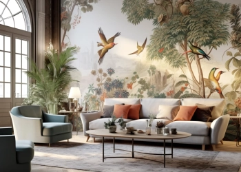 Salon élégant avec canapé clair et papier peint panoramique botanique à motifs d’oiseaux et de plantes