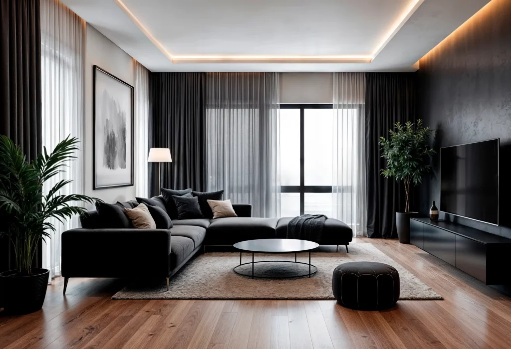 Salon moderne et luxueux avec des accents sombres