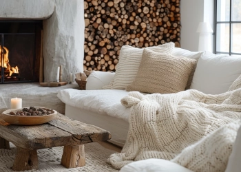 Salon cocooning avec cheminée allumée, plaid en laine épaisse et coussins beiges sur un canapé confortable.