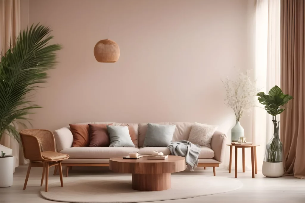 Salon cosy pastel avec canapé crème et accents bois