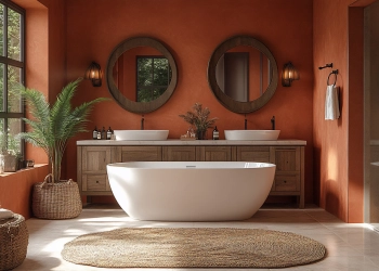 Conception de salle de bain rustique sereine, tons de terre et éléments naturels