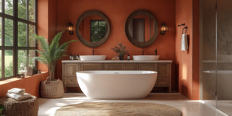 Conception de salle de bain rustique sereine, tons de terre et éléments naturels