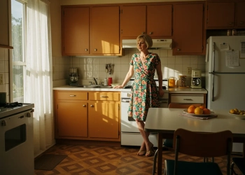 Femme dans une cuisine des années 80