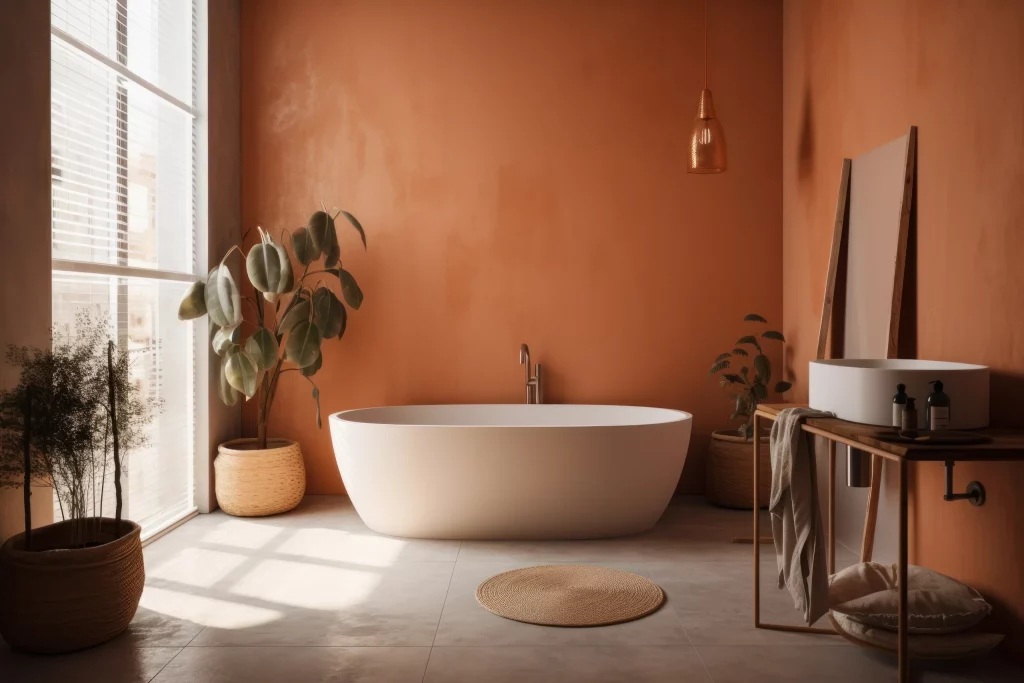 Salle de bain en terracotta spacieux avec baignoire autoportante et lavabo élégant