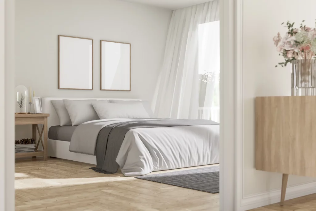 Chambre lumineuse au style moderne et épuré.