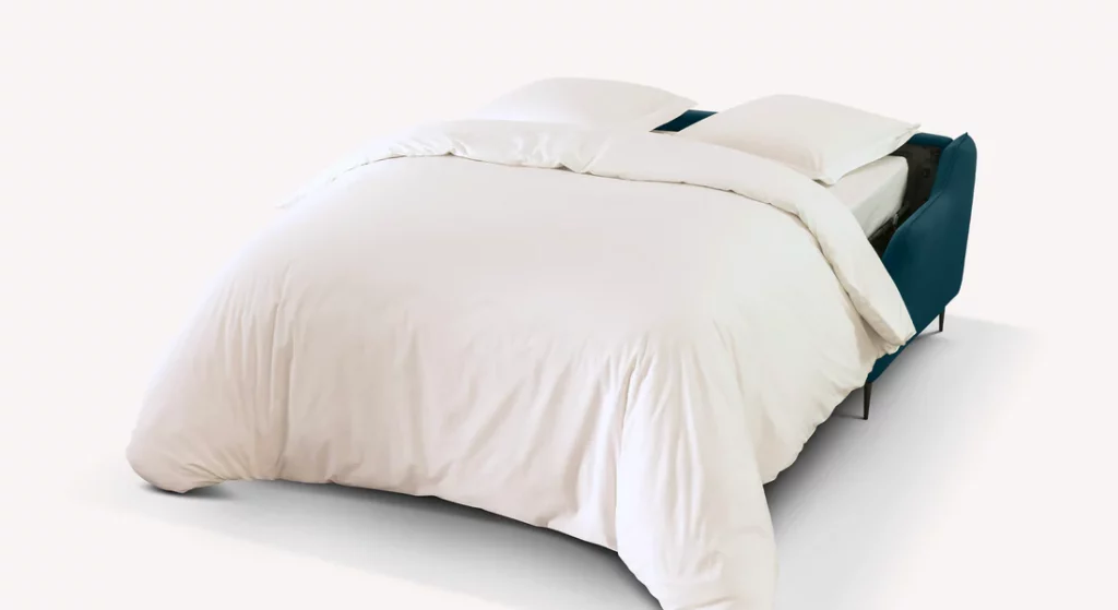 Canapé convertible BOGART Tissu Bleu Océan déplié