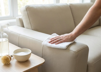 A hand with a wedding band wipes a light faux leather sofa with a white cloth. A spray bottle, foamy solution, and brush sit on a side table.