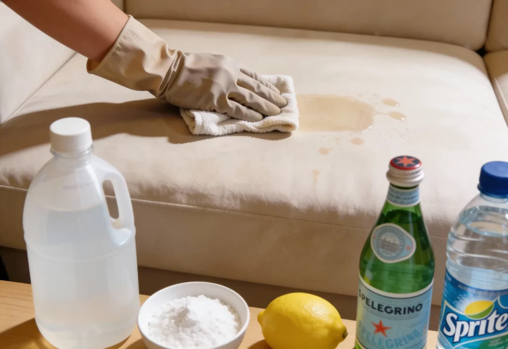 nettoyage d'urine de chat sur un canapé avec du vinaigre blanc, bicarbonate de soude, du citron et de l'eau gazeuse