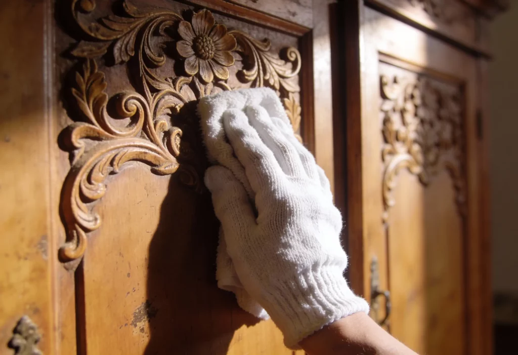 Personne dépoussierant une ancienne armoire en bois