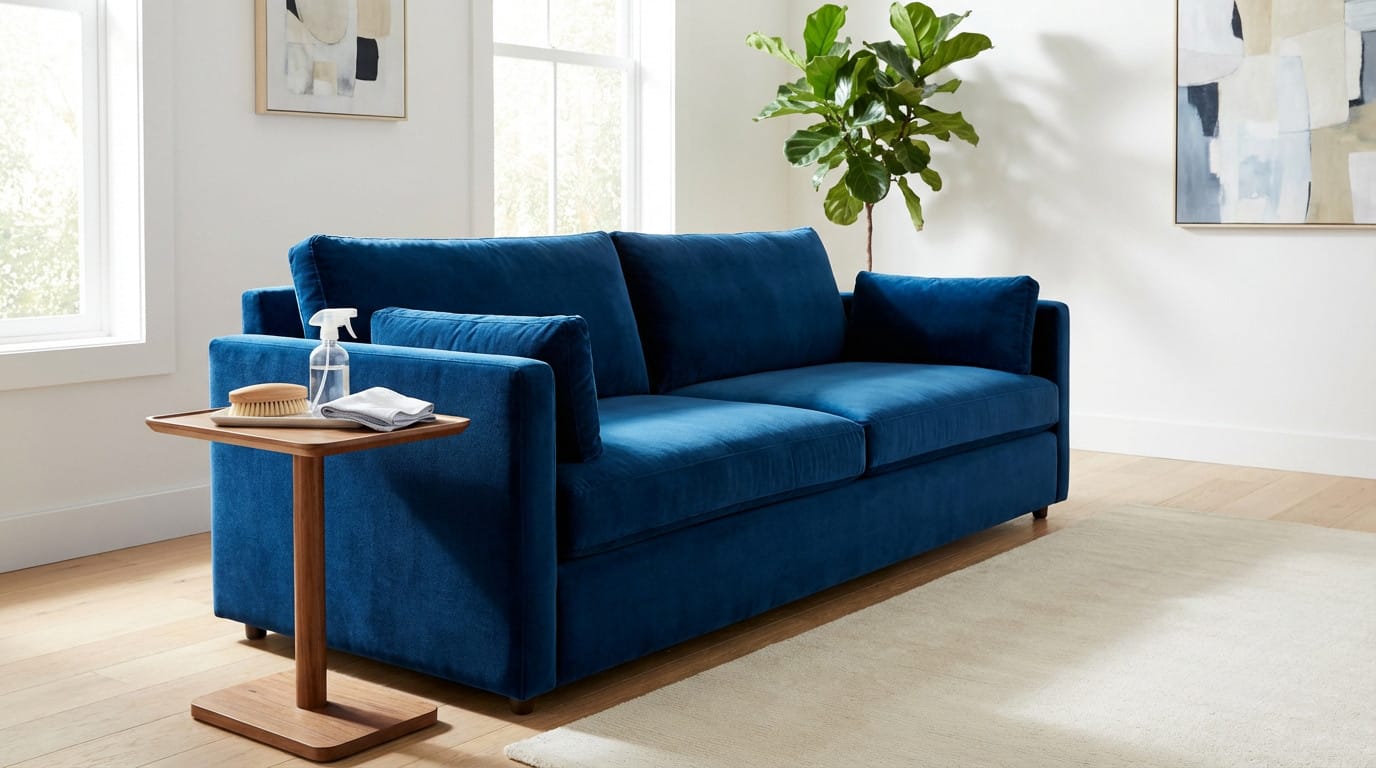 A deep sapphire blue velvet sofa in a bright modern living room. A side table holds a cleaning brush, microfiber cloth, and spray bottle.